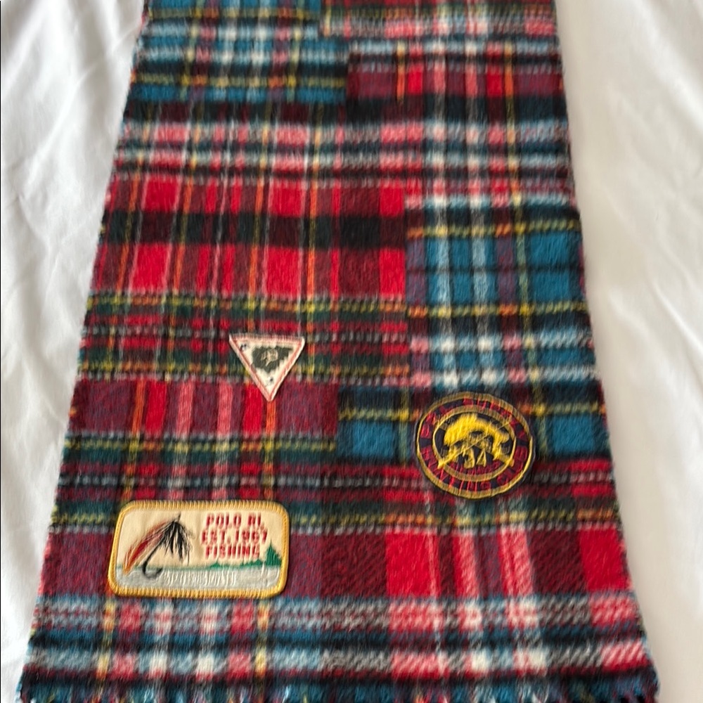 Polo Ralph ITALY Lauren Red Blue WOOL BLEND Plaid FISHING HUNTING PATCHES SCARF - Picture 6 of 12